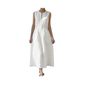 Ladyful Women's V Neck Solid Color Sleeveless Cotton Linen Dress M